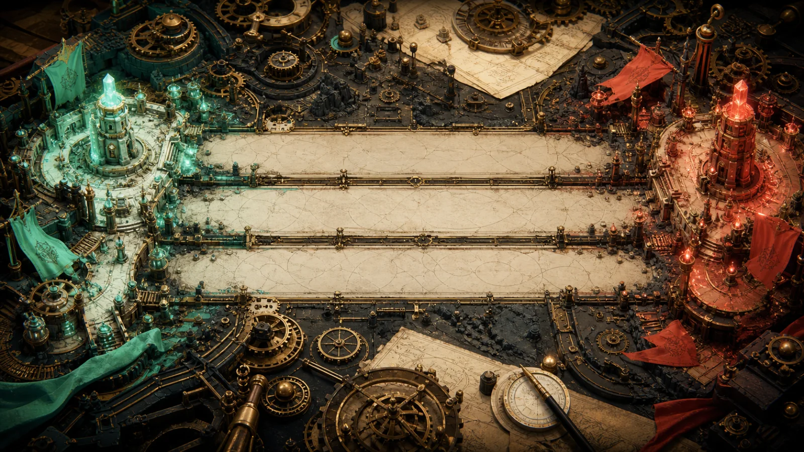 Clockwork creatures face off across a handcrafted three-lane battlefield.