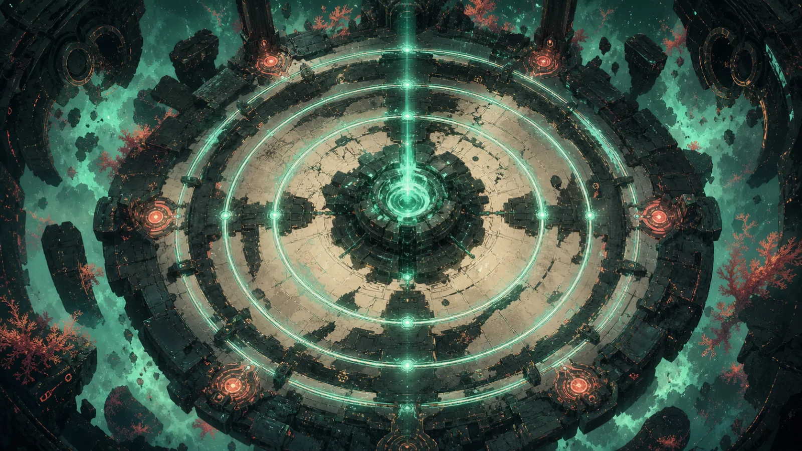 A vast orbital ruin glows above an alien planet.
