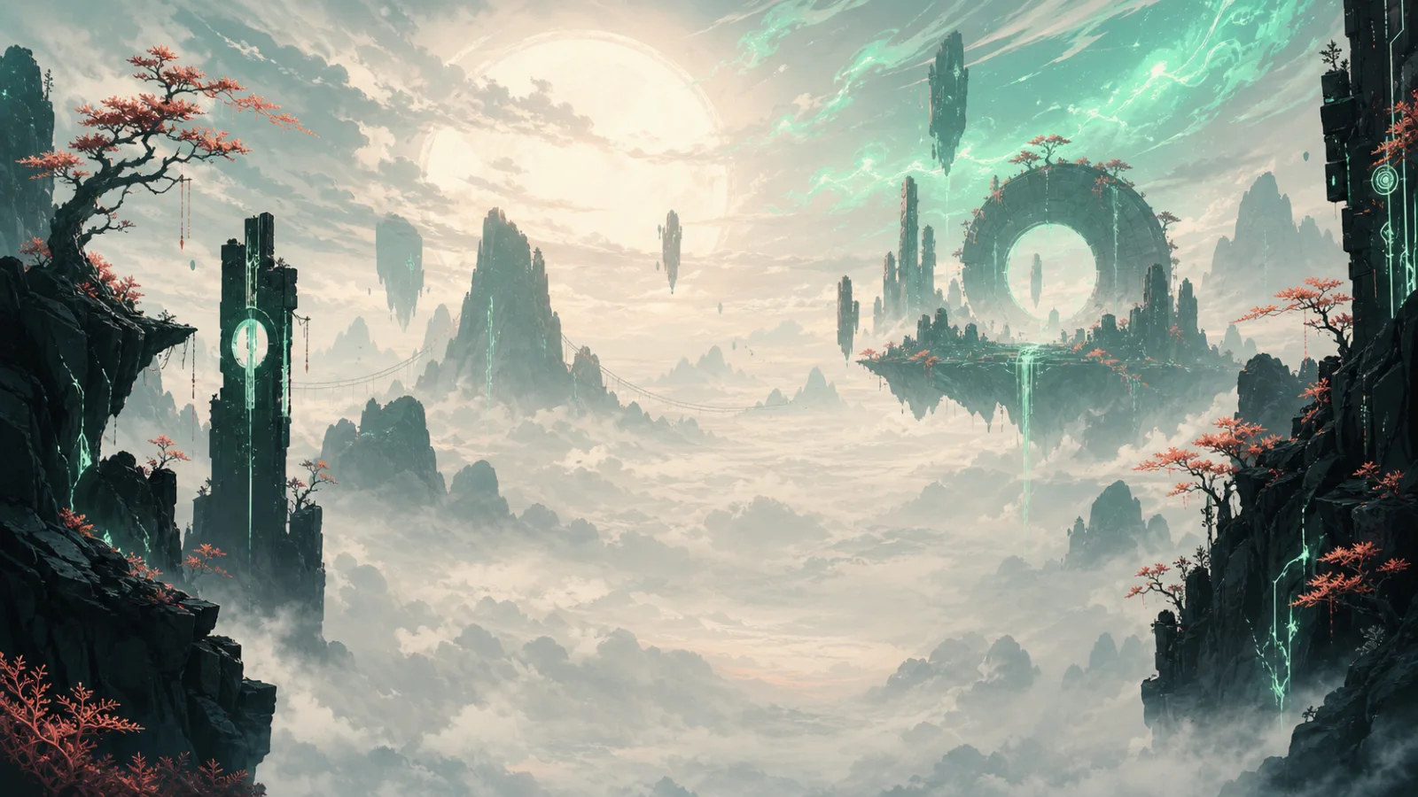 A masked runner crosses black monoliths above glowing clouds.