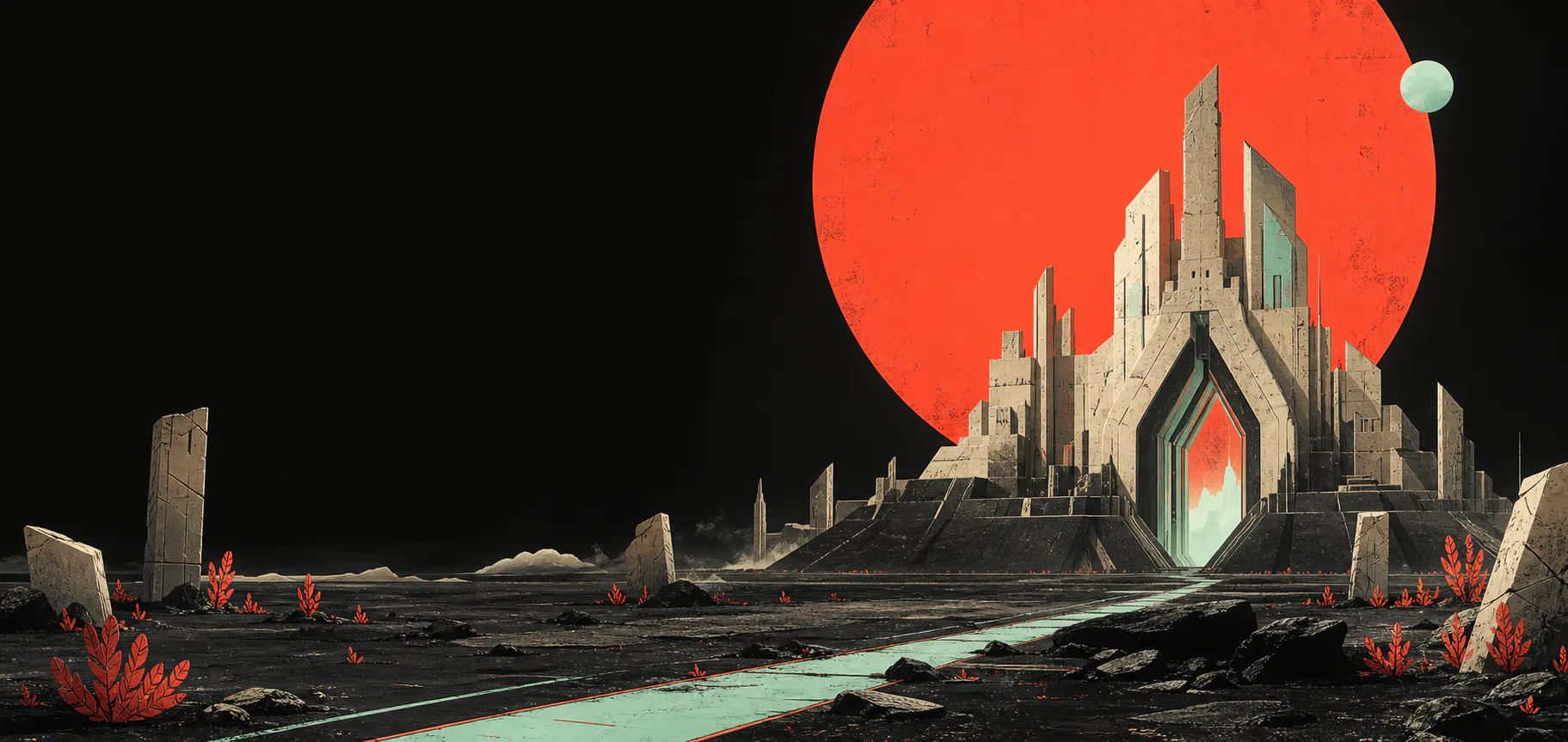 A mint road crossing a black mineral plain toward a monumental gateway and coral sun.